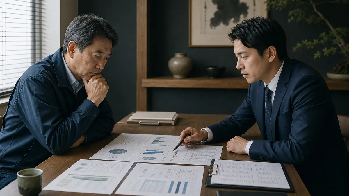 契約・財務・業務資料を確認する経営者と担当者
