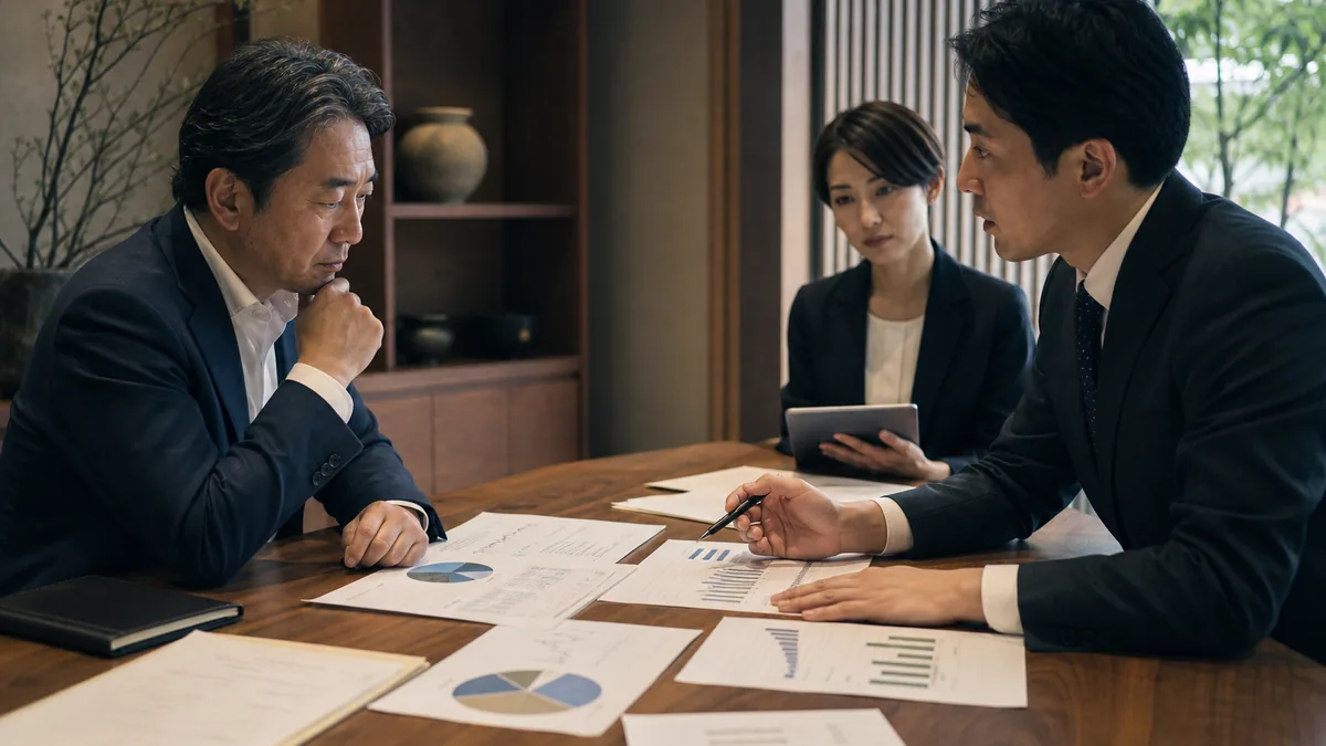 契約・財務・業務資料を確認する経営者と担当者