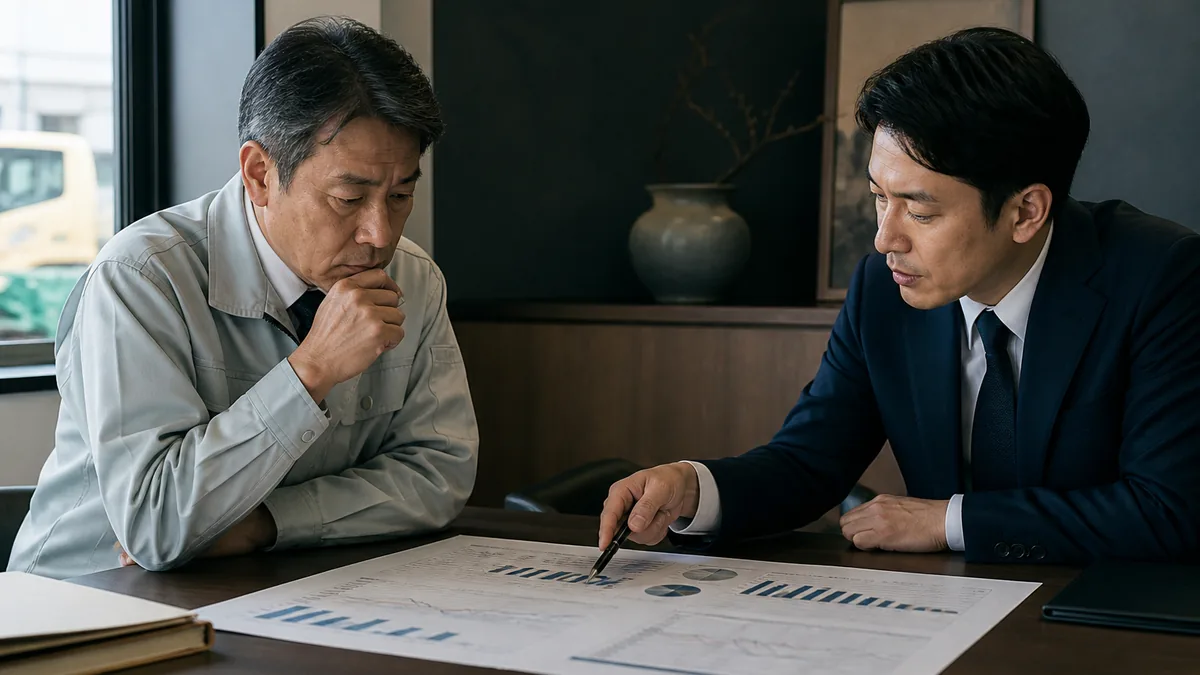 契約・財務・業務資料を確認する経営者と担当者