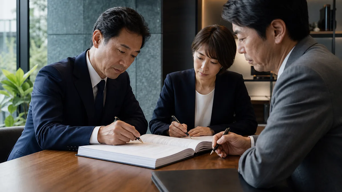 契約・財務・業務資料を確認する経営者と担当者