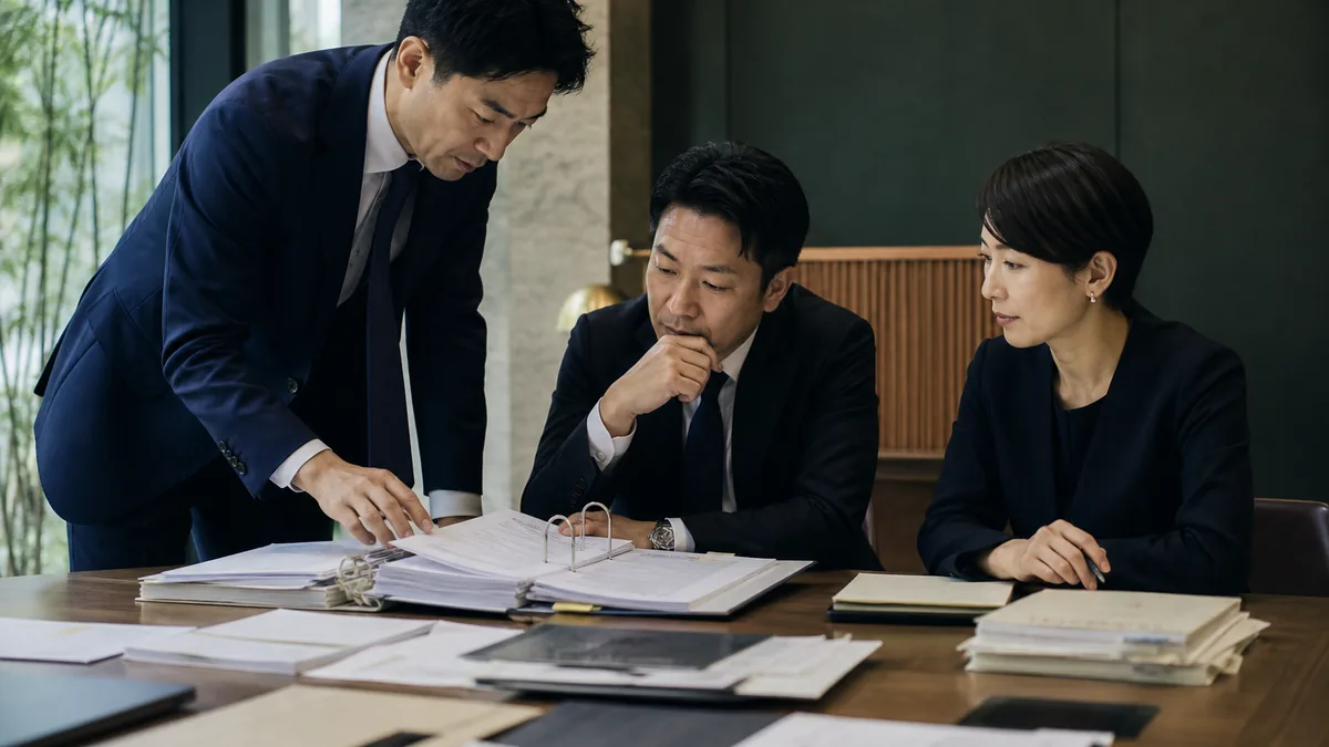 契約・財務・業務資料を確認する経営者と担当者