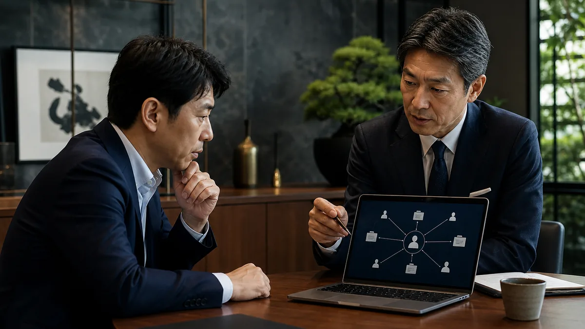 契約・財務・業務資料を確認する経営者と担当者