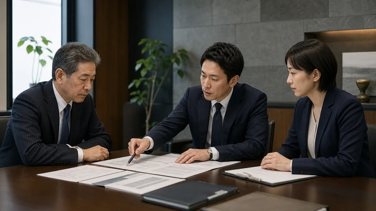 契約・財務・業務資料を確認する経営者と担当者