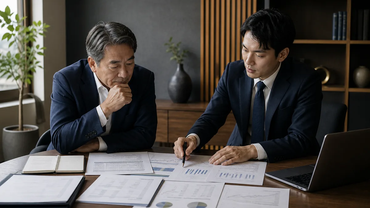 契約・財務・業務資料を確認する経営者と担当者