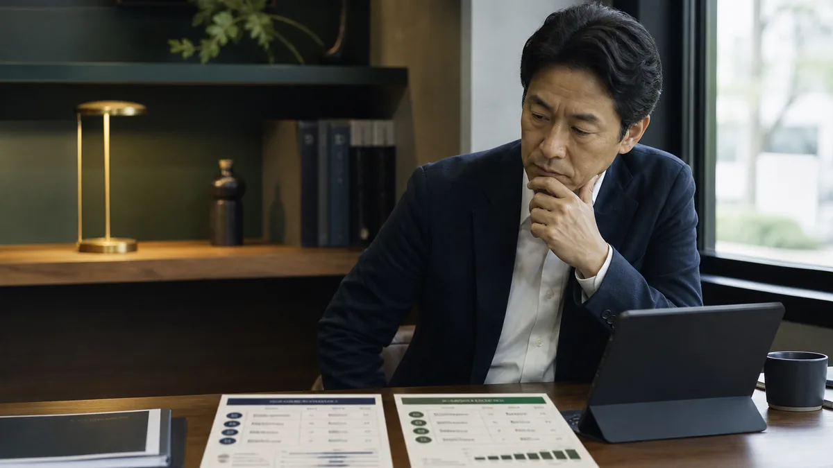 契約・財務・業務資料を確認する経営者と担当者