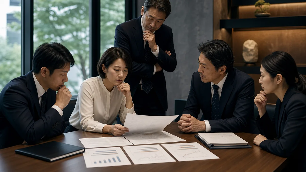 契約・財務・業務資料を確認する経営者と担当者