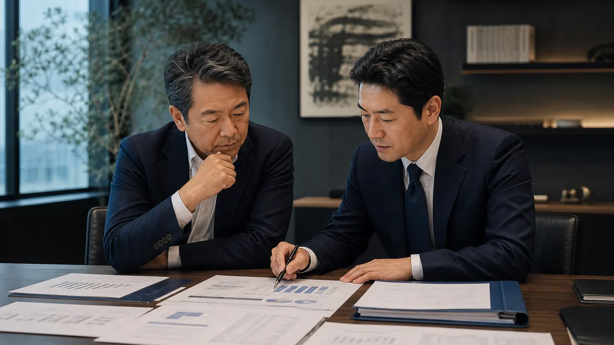 契約・財務・業務資料を確認する経営者と担当者