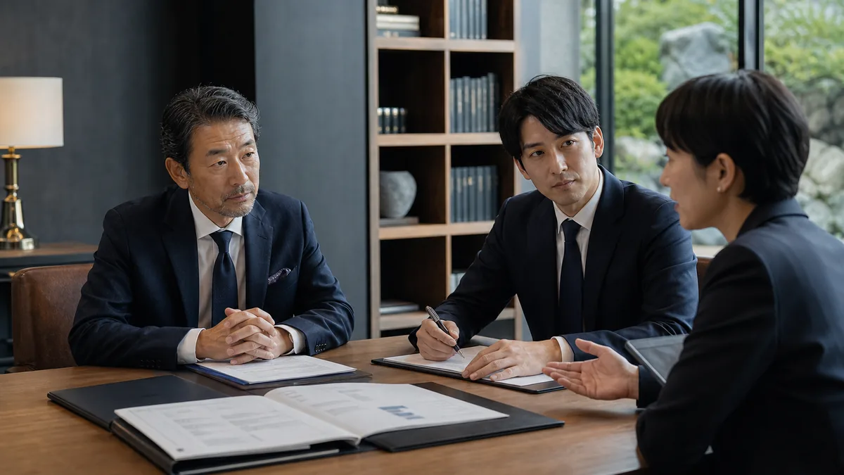 契約・財務・業務資料を確認する経営者と担当者
