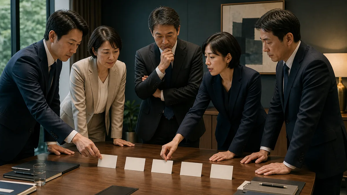 契約・財務・業務資料を確認する経営者と担当者