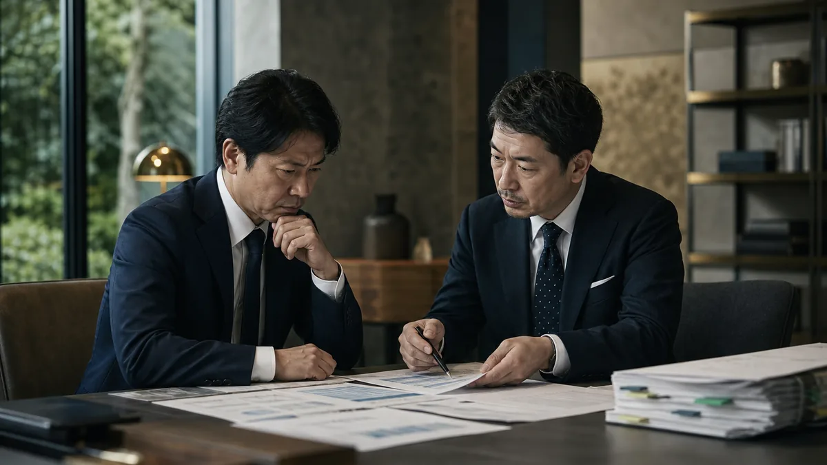 契約・財務・業務資料を確認する経営者と担当者