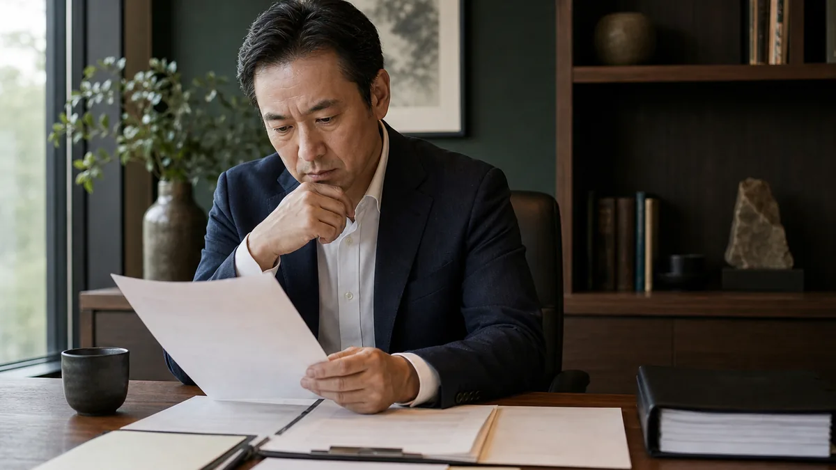 契約・財務・業務資料を確認する経営者と担当者
