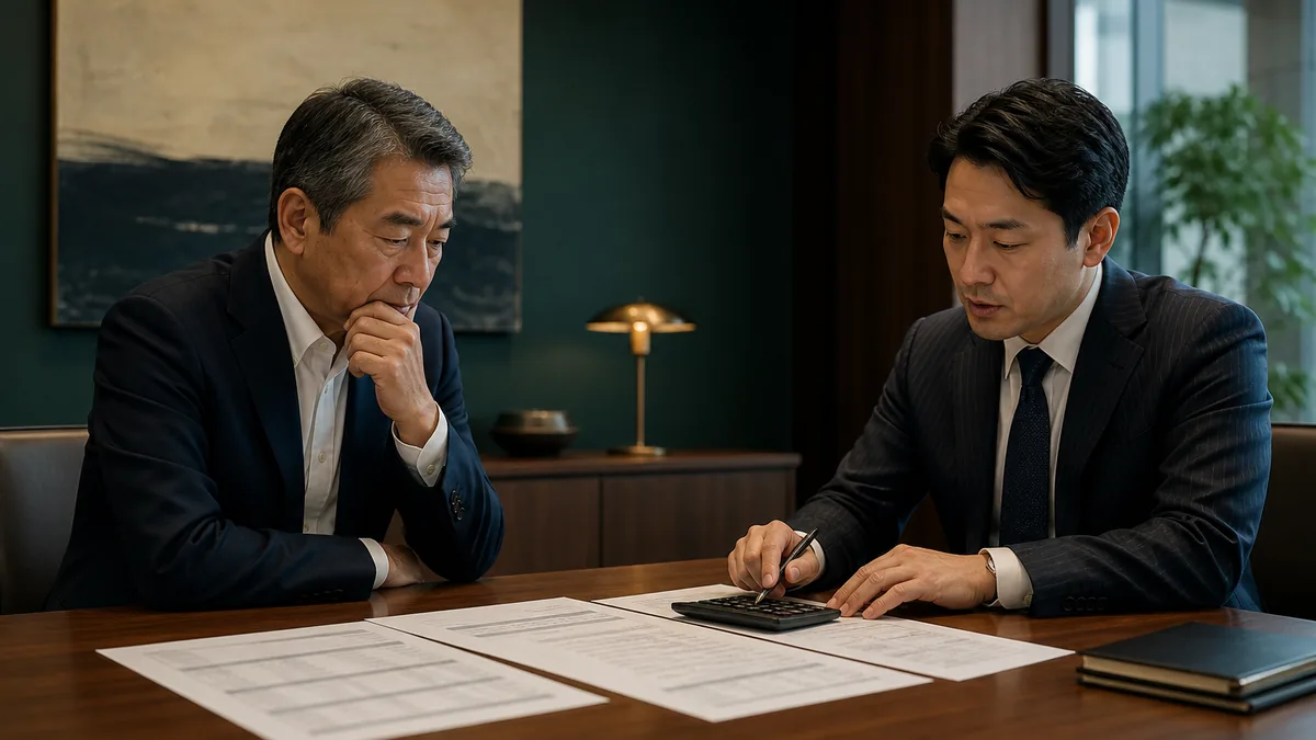 契約・財務・業務資料を確認する経営者と担当者