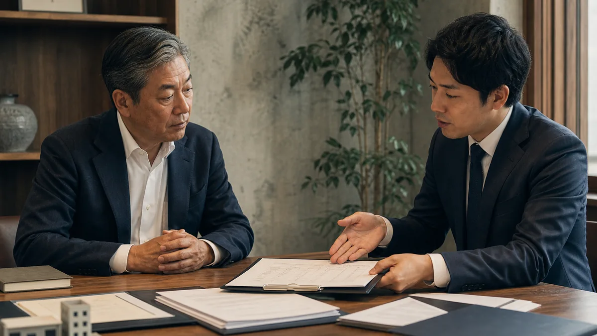 契約・財務・業務資料を確認する経営者と担当者