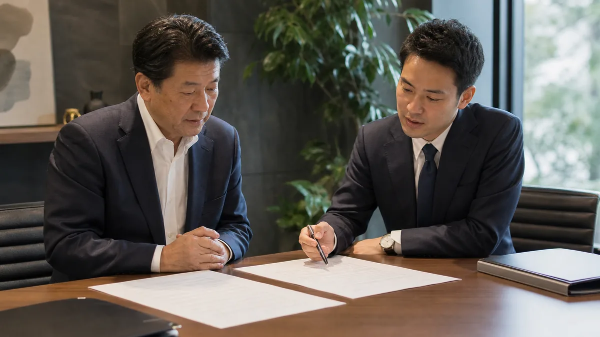 契約・財務・業務資料を確認する経営者と担当者