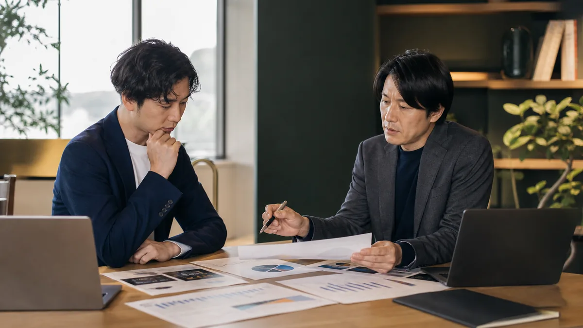 契約・財務・業務資料を確認する経営者と担当者