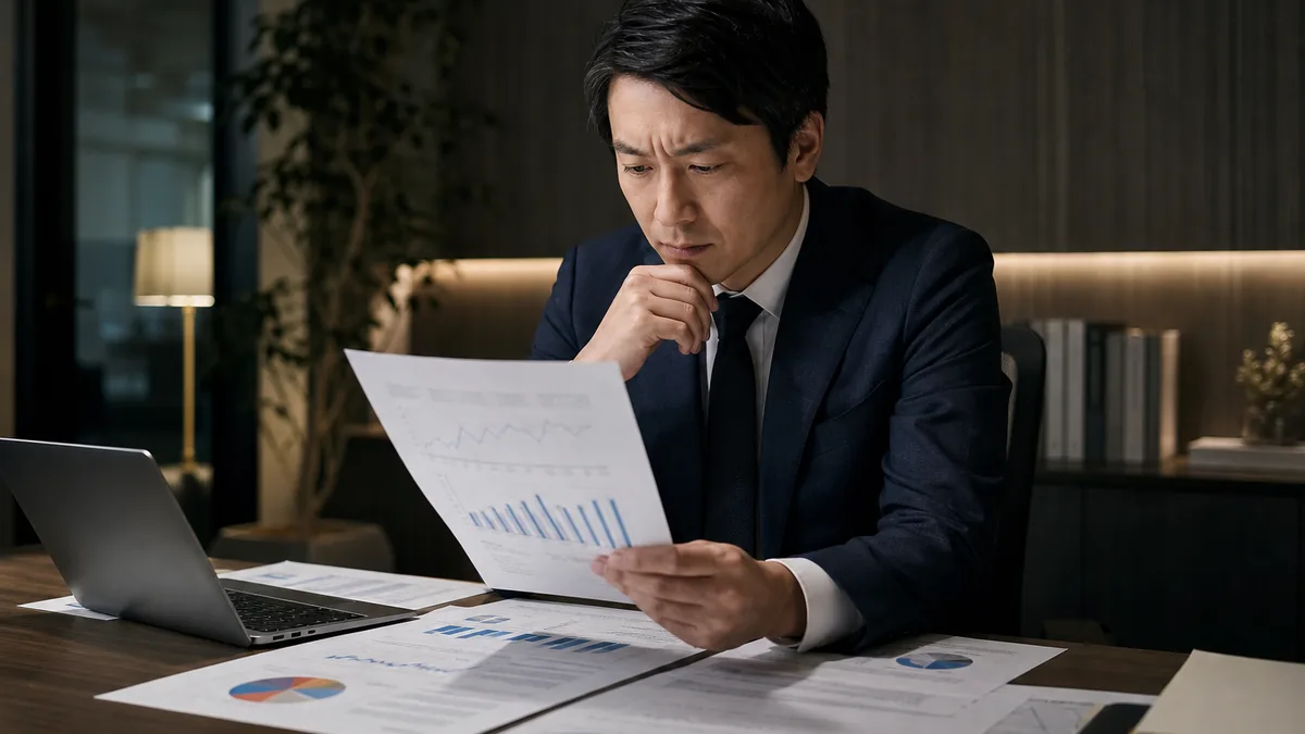契約・財務・業務資料を確認する経営者と担当者